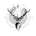 A captivating blackwork design featuring a majestic deer with antlers adorned with delicate leaves, standing proudly in a mystical forest with a crescent moon shining above tattoo design idea