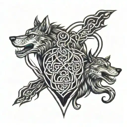 A heart with intricate viking knotwork and two wolves intertwined within it tattoo design idea