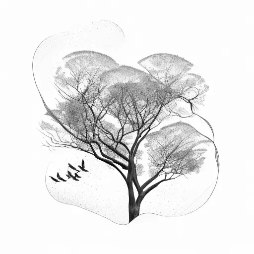 Eucalyptus tree with roots and birds flying overhead. Linear and circles  tattoo design idea