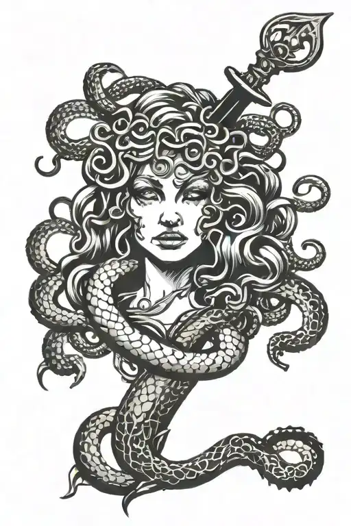 BLACKWORK MEDUSA CRYING BLOOD SWORD SNAKE tattoo design idea