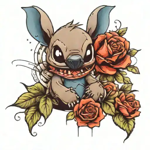 happy Stich with roses around tattoo design idea