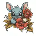 happy Stich with roses around tattoo design idea