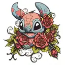happy Stich with roses around tattoo design idea