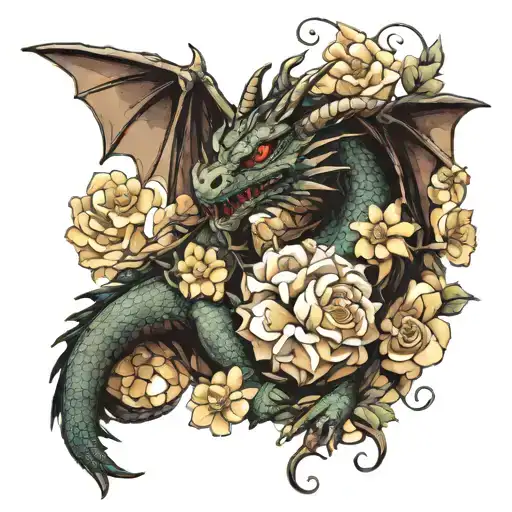 Dragon holding a 20 sided dice surrounded by flowers tattoo design idea