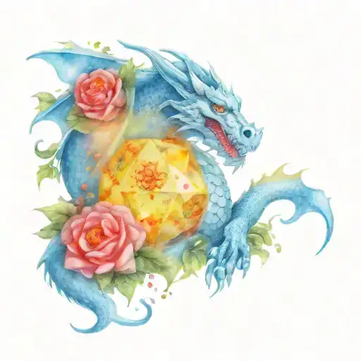 Light blue dragon surrounded by flowers holding a 20 sided die tattoo design idea