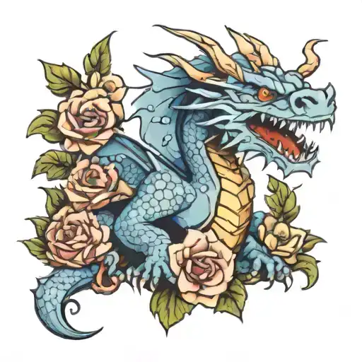 light blue Dragon holding a 20 sided dice surrounded by flowers tattoo design idea