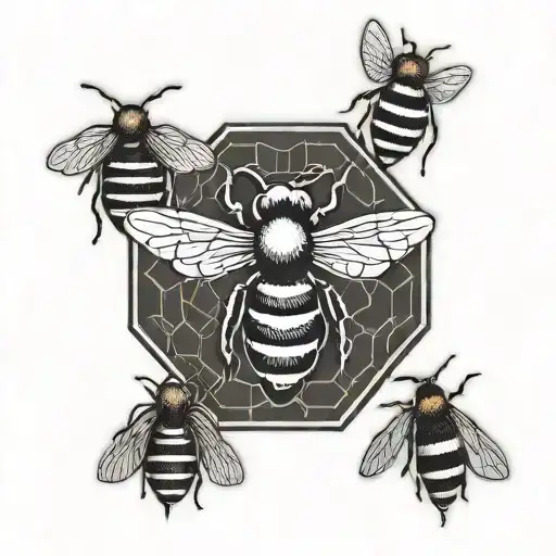 bee comb inspiration tattoo with symbols in some of them. symbols like dbz, seven deadly sins, basketball and demonic si tattoo design idea