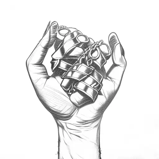 closed black power fist with a broken chain in the palm and a ribbon wrapped around the forearm tattoo design idea