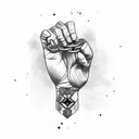 closed black power fist with a broken chain in the palm and a ribbon wrapped around the forearm tattoo design idea