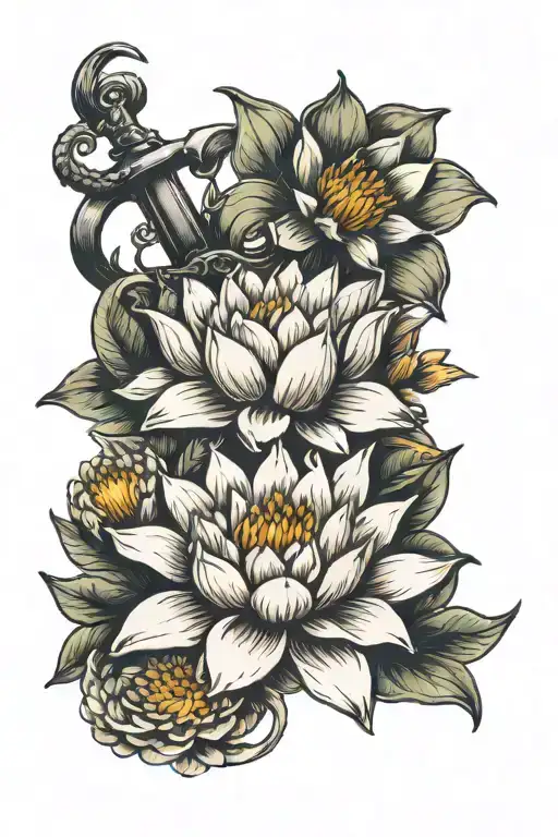 Sailor anchor with crysanthemum, water lily and daffodil  tattoo design idea