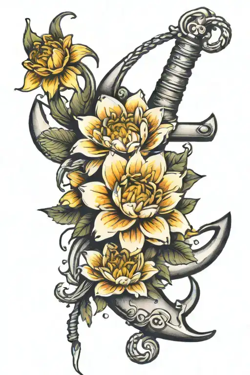 Sailor anchor with crysanthemum, water lily and daffodil  tattoo design idea