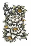 Sailor anchor with crysanthemum, water lily and daffodil  tattoo design idea