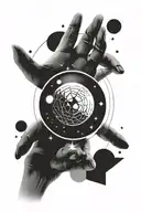 Minimalism, geometric, right hand. Three planets (Philip, Nikita and Timofei) spining around star named Olga tattoo design idea