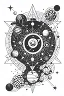 Minimalism, geometric, right hand. Three planets (Philip, Nikita and Timofei) spining around star named Olga tattoo design idea