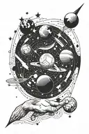 Minimalism, geometric, right hand. Three planets (Philip, Nikita and Timofei) spining around star named Olga tattoo design idea