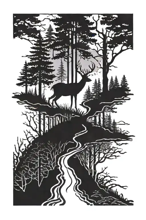 A mountain biking trail winding through a forest with a silhouette of a deer in the background tattoo design idea