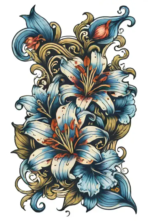 rare blue lily and heart tattoo design idea