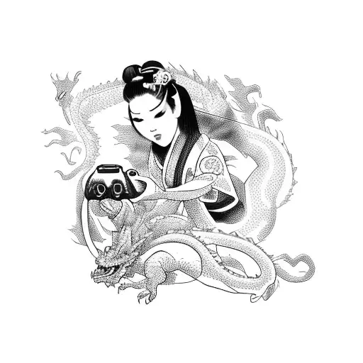 A geisha holding a gaming controller with a dragon tattooed on her back tattoo design idea