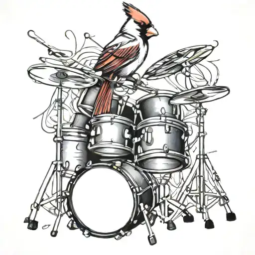 A cardinal bird perched on a drum set intertwined tattoo design idea