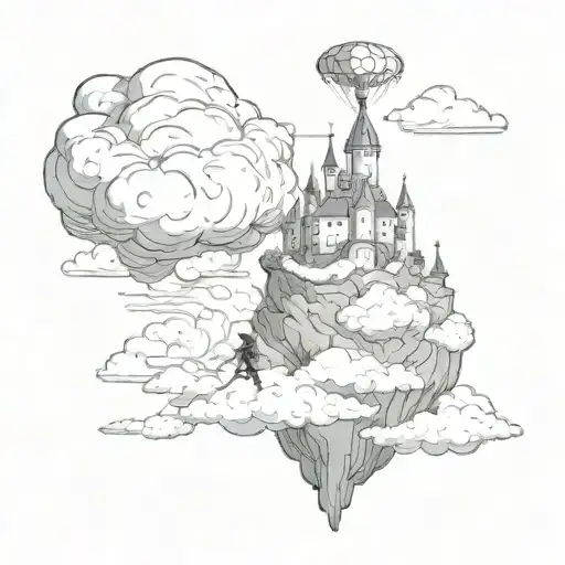 A surreal scene of a dreamer walking on clouds towards a castle in the sky tattoo design idea