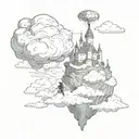 A surreal scene of a dreamer walking on clouds towards a castle in the sky tattoo design idea