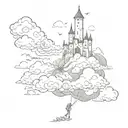 A surreal scene of a dreamer walking on clouds towards a castle in the sky tattoo design idea