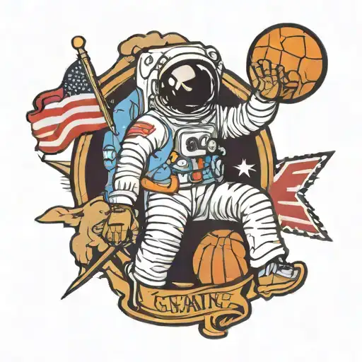  astronaut, basketball, North Carolina state flag, highway 74 road sign, unc-Pembroke logo, and lander university logo tattoo design idea