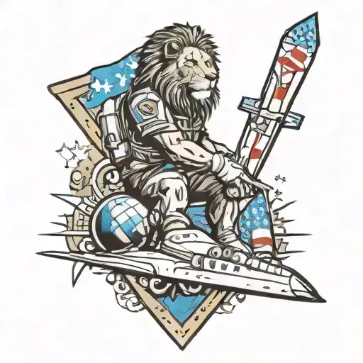Create a tattoo lower leg sleeve with lion, astronaut, basketball, North Carolina state flag, highway 74 road sign, unc- tattoo design idea