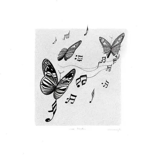 A butterfly made of musical notes flying towards a sunflower tattoo design idea