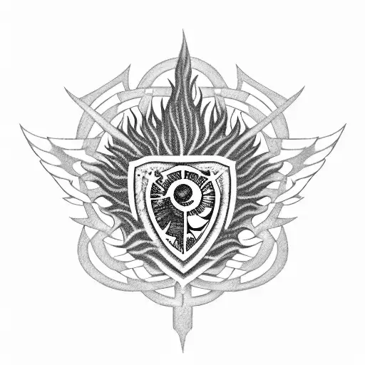 A blackwork tattoo of Attack on Titan scout regiment badge with the words "Set your heart ablaze on fire tattoo design idea