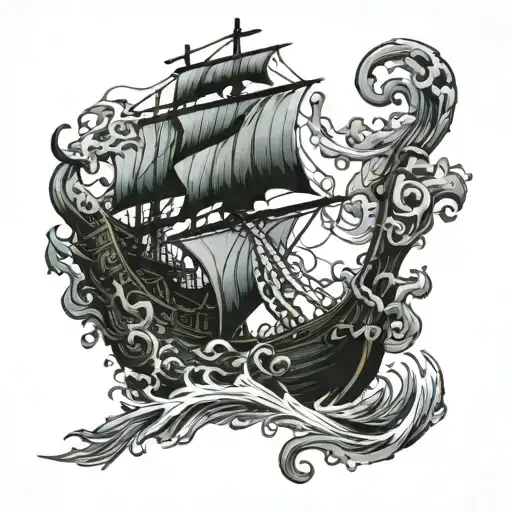 kraken attacking pirate ship sailing through stormy tattoo design idea