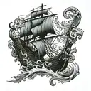kraken attacking pirate ship sailing through stormy tattoo design idea