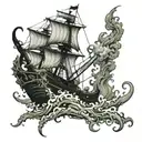 kraken attacking pirate ship sailing through stormy tattoo design idea