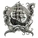 kraken attacking pirate ship sailing through stormy tattoo design idea