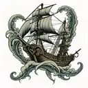 kraken attacking pirate ship sailing through stormy tattoo design idea