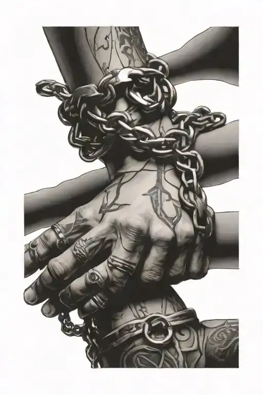 chained handshake with dates on both hands holding tattoo design idea