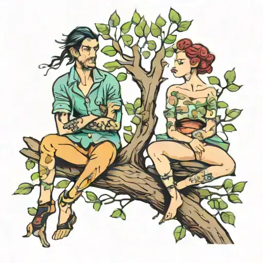 two people sitting on a tree tattoo design idea