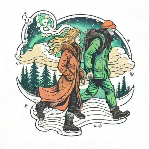 two people walking in the northern lights tattoo design idea