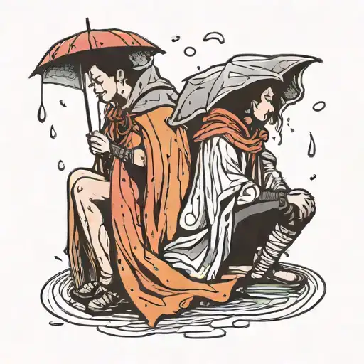 two people sitting under a cape in the rain  tattoo design idea