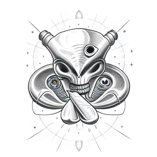 an alien smoking a joint wearing a t-shirt with a tooth icon tattoo design idea