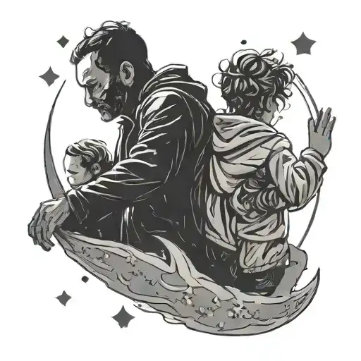 A silhouette of a father and his two children reaching for the moon and stars, capturing the bond between them and their shared love for the galaxy tattoo design idea