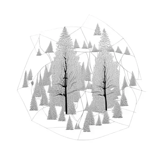 A geometric representation of a forest scene with the birthdate incorporated into the design tattoo design idea