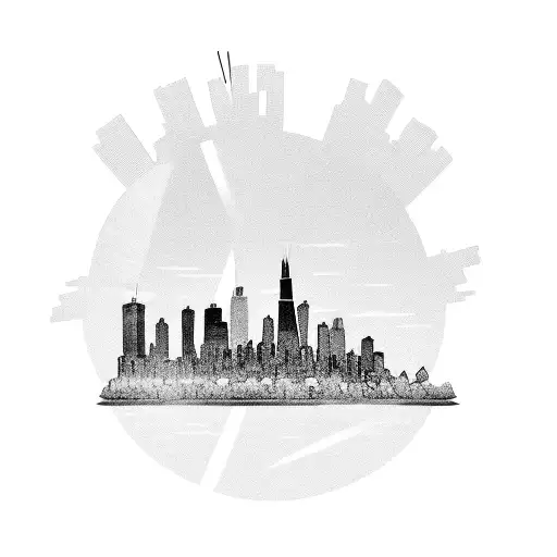 A traditional tattoo of a stack of cash and drugs forming the shape of the Chicago skyline, with a banner that says 'Dealer for Life' tattoo design idea