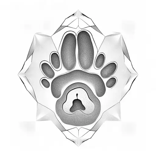 realistic centered dog paw with geometric symmetry patterns surrounding the paw  tattoo design idea