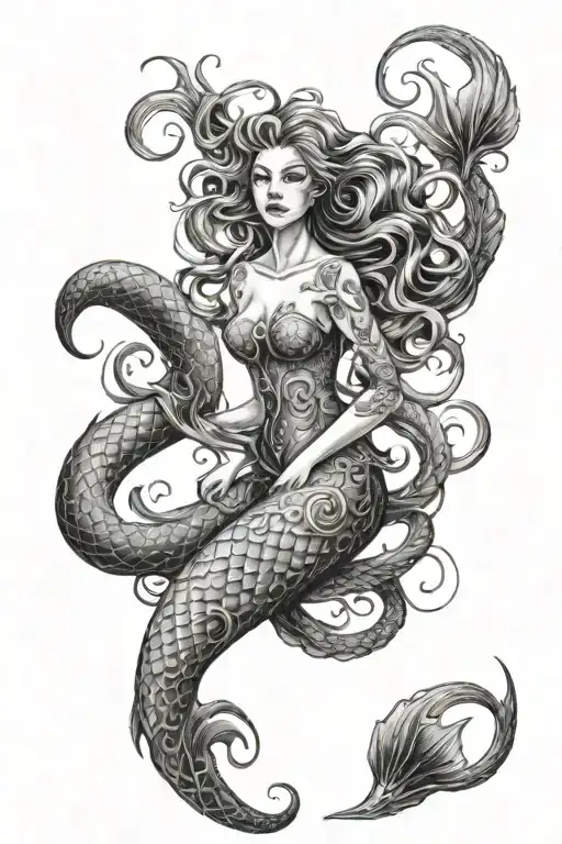 coastal, mermaids, kracken, siren evil beautiful tattoo design idea
