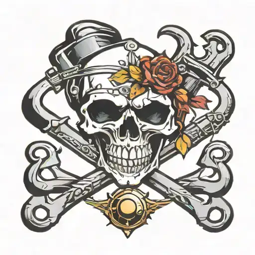 skull and wrenches crossed tattoo design idea