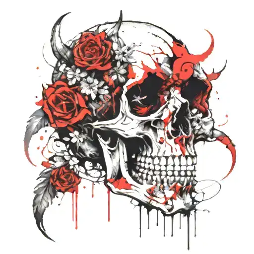 Skull flowers demon horns tattoo design idea