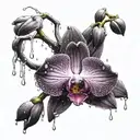 a black and deep purple accented orchid with a storm and rain drops falling off the flower tattoo design idea