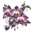 a black and deep purple accented orchid with a storm and rain drops falling off the flower tattoo design idea