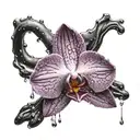 a black and deep purple accented orchid with a storm and rain drops falling off the flower tattoo design idea